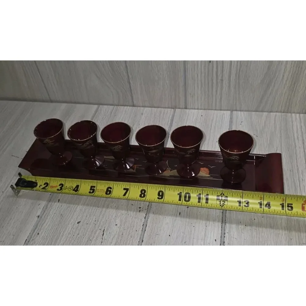 VTG Imaoka Trading Co Japan AIZU Sake Set 6 Cups Tray Deep Red Gold Beach Scene